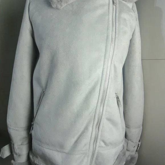 Hollister Biker Jacket Small Faux Suede Fur Grey Plush Super Soft NEW With Defec - Picture 12 of 14